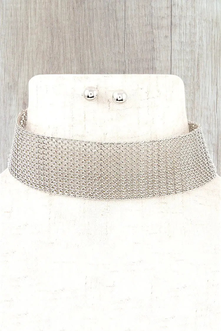 WIDE METAL MESH CHAIN CHOKER NECKLACE AND BALL POST EARRING SET - SweetShine c.o.c.