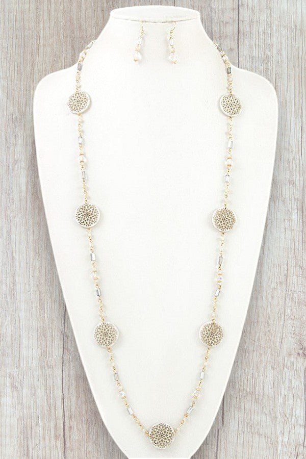 FILIGREE STATION BEAD LONG NECKLACE AND BEAD DANGLE EARRING SET