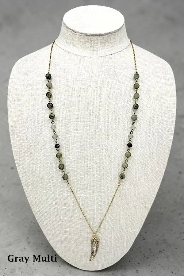 RHINESTONE PAVE HORN PENDANT BALL BEAD LINK ELONGATED NECKLACE AB-SS