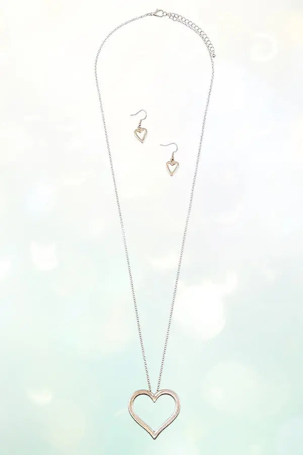 ELONGATED HEART PENDANT NECKLACE AND HEART DANGLE EARRING SET - SweetShine c.o.c.