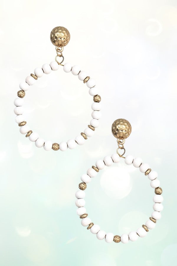 WOODEN BEAD LARGE HOOP DANGLE GOLD DIMPLED POST EARRING