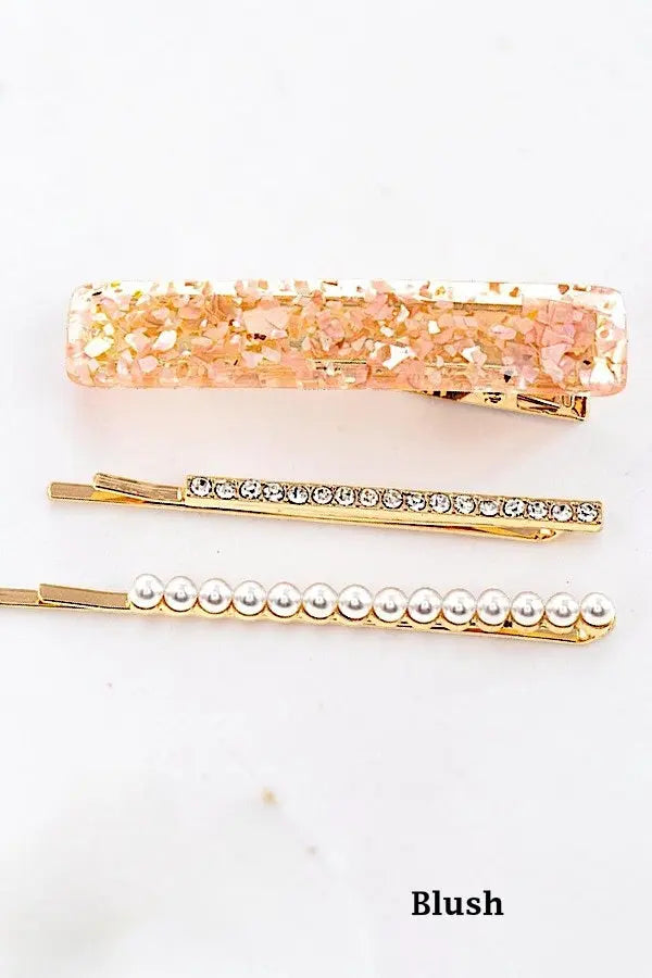 GLITTERED BARRETTE AND RHINESTONE PEARL PAVE GOLD BOBBY PINS SET - SweetShine c.o.c.