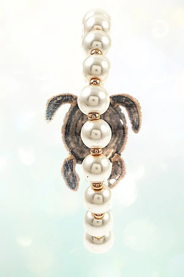 DETAILED TURTLE CHARM FAUX PEARL LINK STRETCH BRACELET - SweetShine c.o.c.