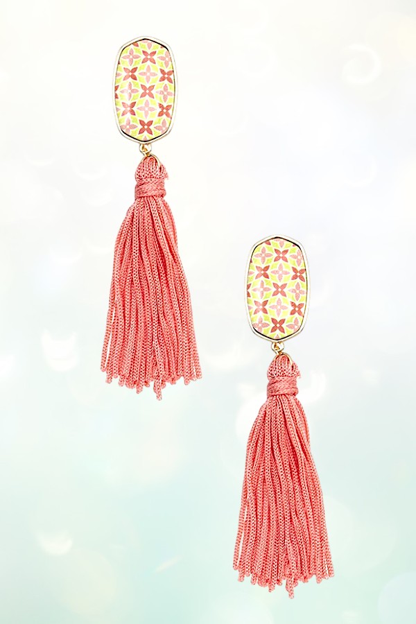 OVAL PRINT TASSEL LINK DROP EARRING