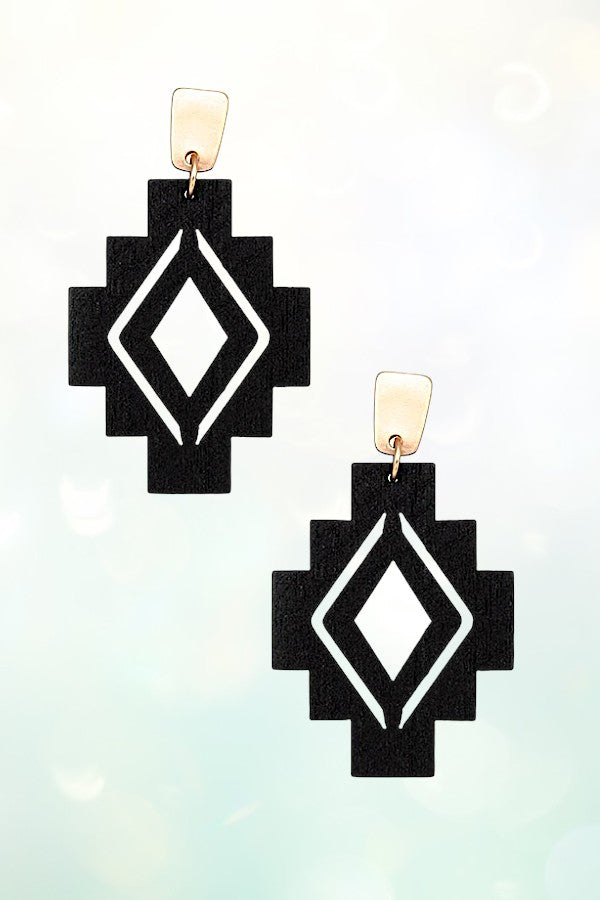 TRIBAL CUT OUT WOOD DANGLE EARRING