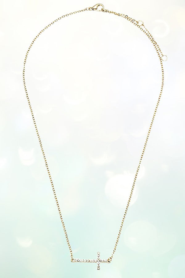 RHINESTONE PAVE SIDE CROSS PENDANT NECKLACE