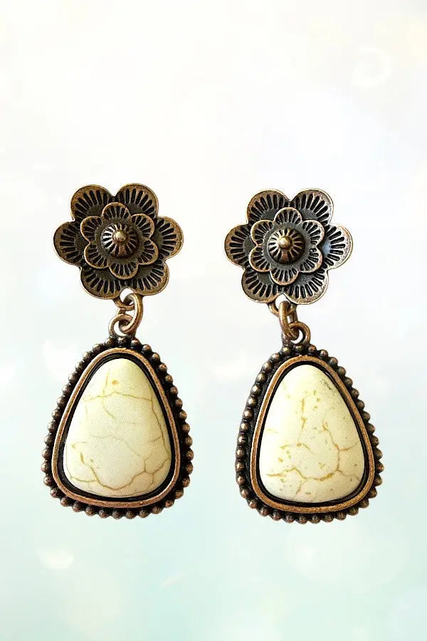 WESTERN ETCHED FLORAL POST TRIANGULAR FRAMED GEMSTONE DANGLE EARRING - SweetShine c.o.c.