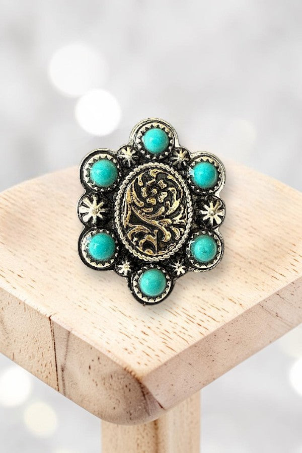 WESTERN ETCHED OVAL TQ GEM CUFF STATEMENT RING