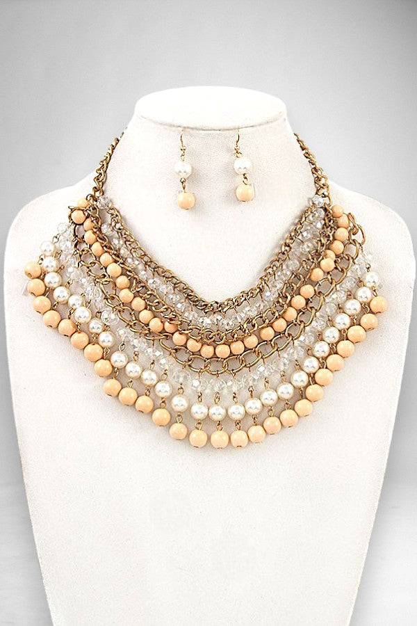 PEARL AND GLASS BEAD DANGLE BIB NECKLACE AND MATCHING EARRING SET