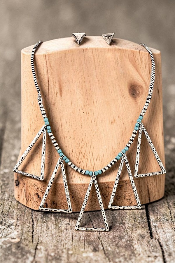 TRIANGLE CHARMS DANGLE BEADED NECKLACE EARRING SET