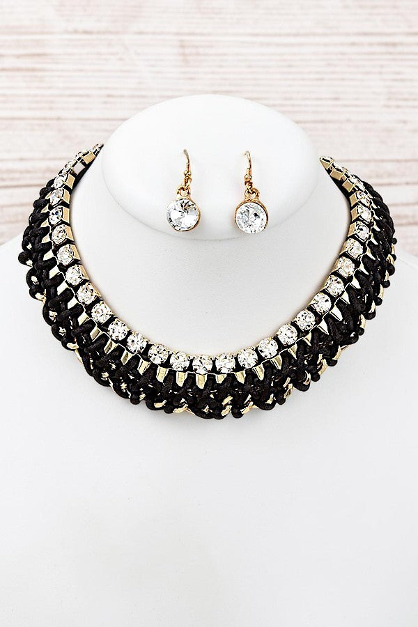 BRAIDED CHAIN RHINESTONE ACCENT COLLAR NECKLACE SET
