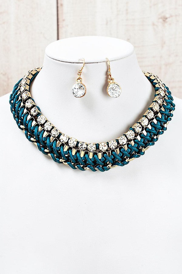 BRAIDED CHAIN RHINESTONE ACCENT COLLAR NECKLACE SET
