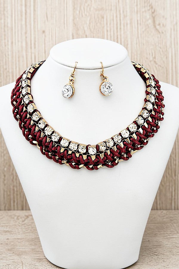 BRAIDED CHAIN RHINESTONE ACCENT COLLAR NECKLACE SET