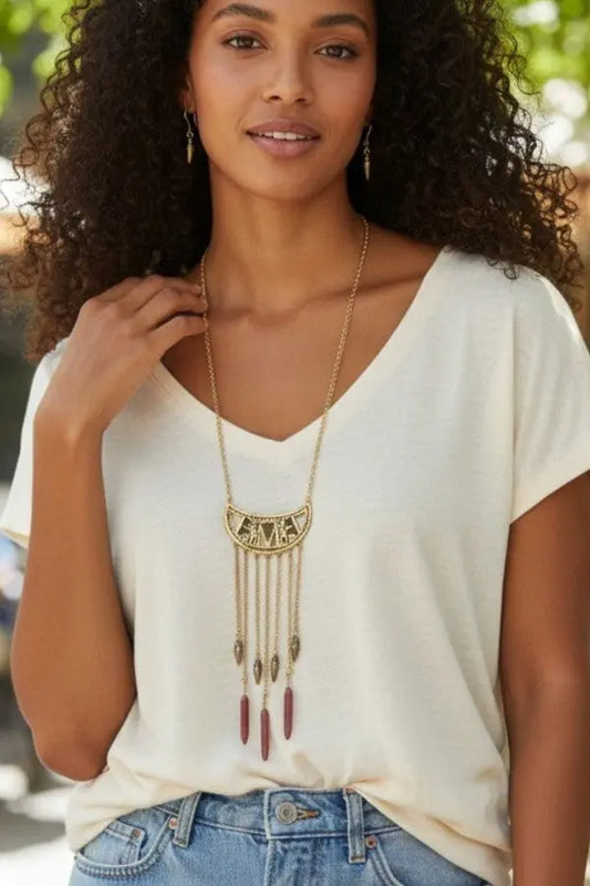 TRIBAL THEME DROP CHAIN CHARM PENDANT CUT OUT LONG NECKLACE AND MATCHING EARRING SET AB-SS