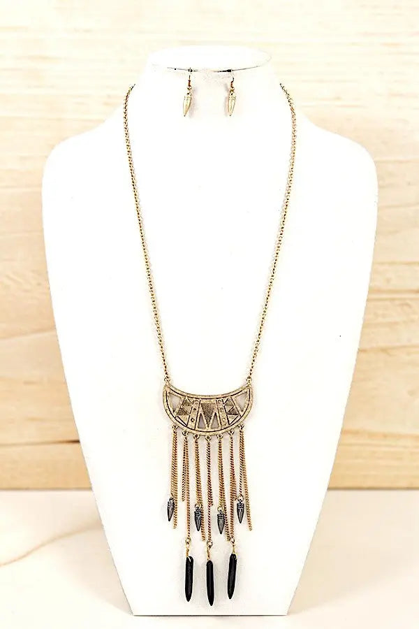 TRIBAL THEME DROP CHAIN CHARM PENDANT CUT OUT LONG NECKLACE AND MATCHING EARRING SET AB-SS