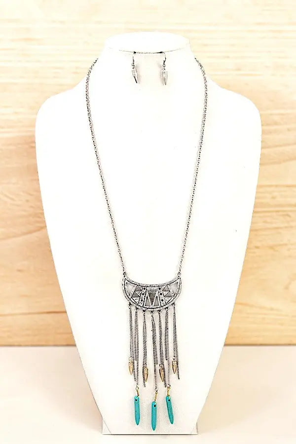 TRIBAL THEME DROP CHAIN CHARM PENDANT CUT OUT LONG NECKLACE AND MATCHING EARRING SET AB-SS