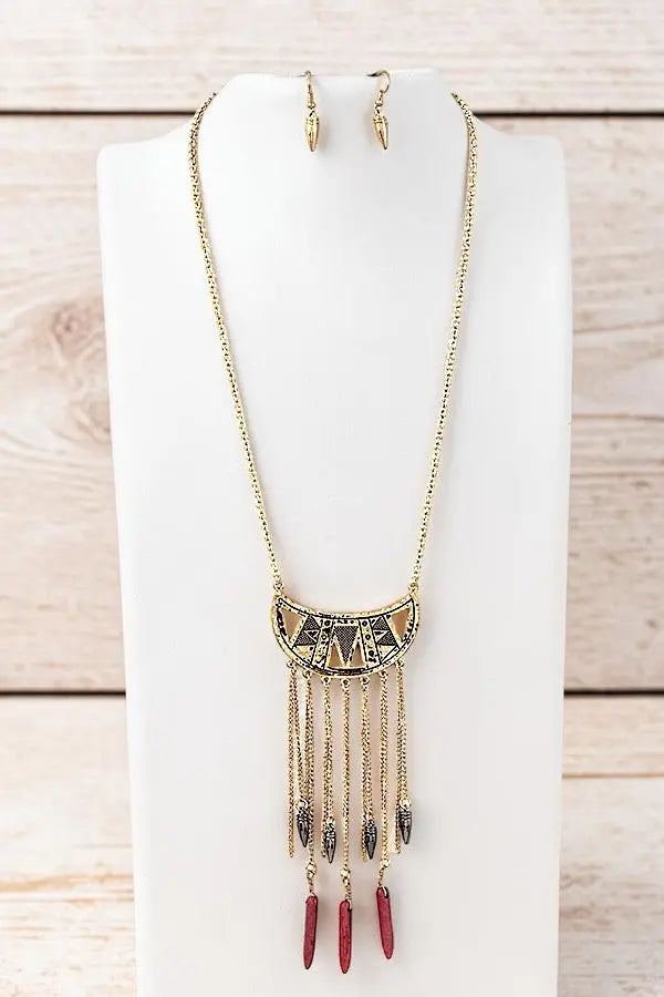 TRIBAL THEME DROP CHAIN CHARM PENDANT CUT OUT LONG NECKLACE AND MATCHING EARRING SET AB-SS