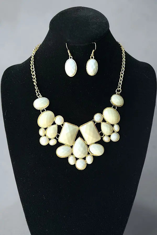 FACETED MULTI SHAPE FRAMED GEMSTONE LINK BIB NECKLACE AND EARRING SET - SweetShine c.o.c. 