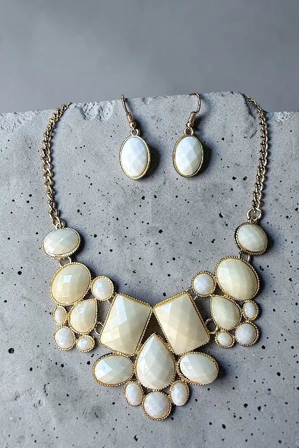 FACETED MULTI SHAPE FRAMED GEMSTONE LINK BIB NECKLACE AND EARRING SET - SweetShine c.o.c. 