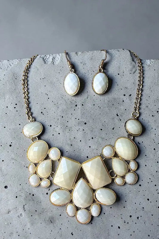 FACETED MULTI SHAPE FRAMED GEMSTONE LINK BIB NECKLACE AND EARRING SET - SweetShine c.o.c. 