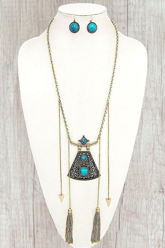 TRIBAL THEME ETCHED GEM PENDANT TASSEL NECKLACE AND MATCHING GEM DANGLE EARRING SET