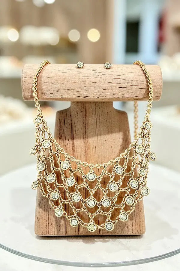 ROUND GEMSTONES ACCENT NET CHAIN BIB NECKLACE AND GEM POST EARRING SET - SweetShine c.o.c. 