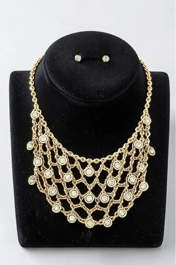 ROUND GEMSTONES ACCENT NET CHAIN BIB NECKLACE AND GEM POST EARRING SET - SweetShine c.o.c. 
