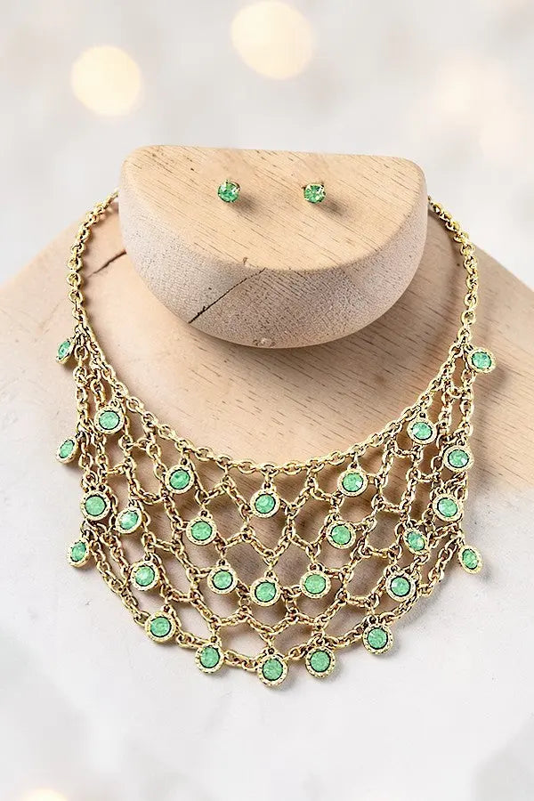 ROUND GEMSTONES ACCENT NET CHAIN BIB NECKLACE AND GEM POST EARRING SET - SweetShine c.o.c. 