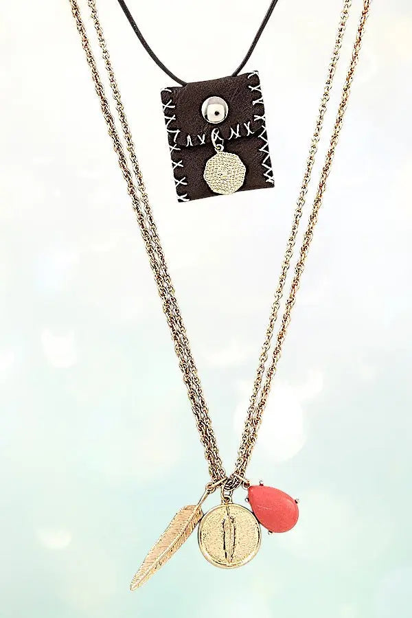 TRIBAL THEME ETCHED LEAF STONE PENDANT CORD POUCH LAYERED NECKLACE AND EARRING SET - SweetShine c.o.c. 