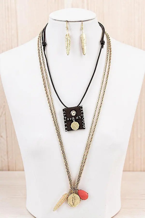 TRIBAL THEME ETCHED LEAF STONE PENDANT CORD POUCH LAYERED NECKLACE AND EARRING SET - SweetShine c.o.c. 