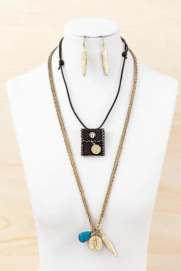 TRIBAL THEME ETCHED LEAF STONE PENDANT CORD POUCH LAYERED NECKLACE AND EARRING SET - SweetShine c.o.c. 