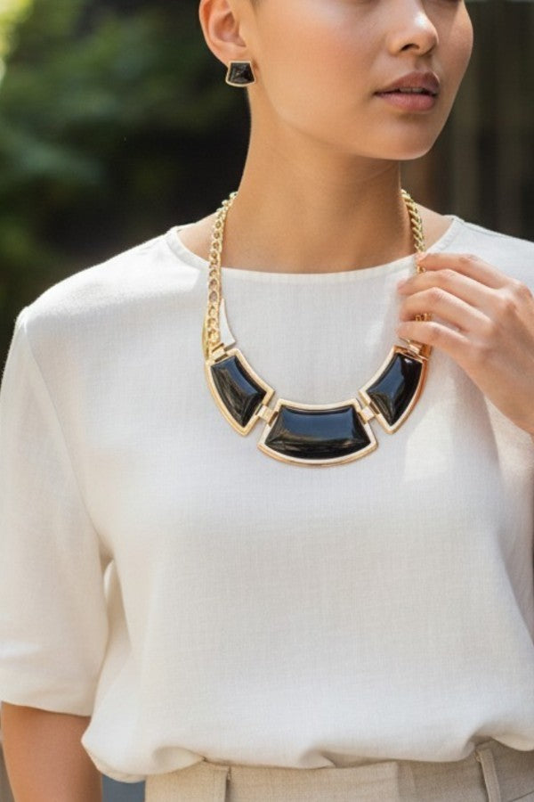 TRIPLE BLACK STONE LINK BIB NECKLACE AND MATCHING EARRING SET AB-SS