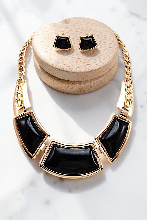 TRIPLE BLACK STONE LINK BIB NECKLACE AND MATCHING EARRING SET AB-SS