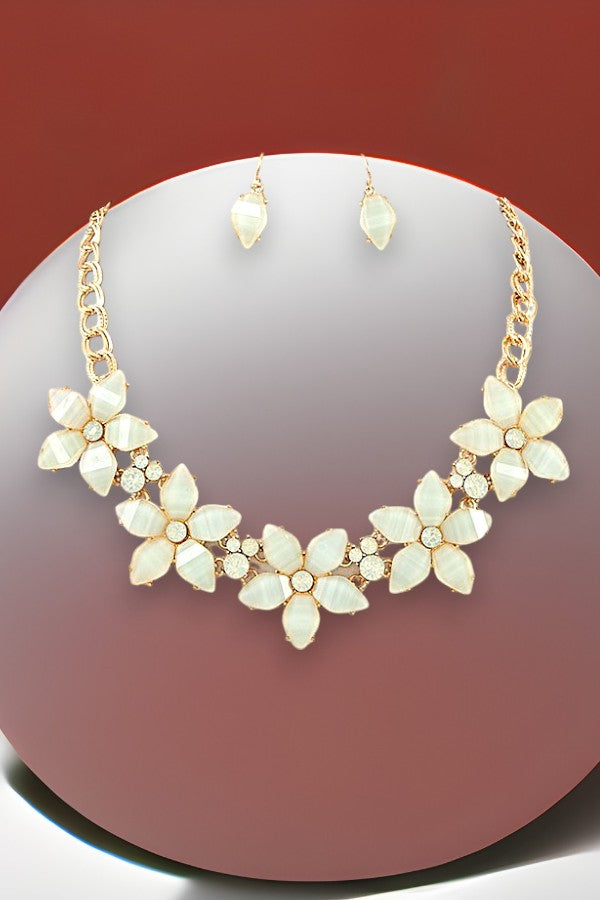 FLORAL CRYSTAL GEMSTONE LINK NECKLACE AND MATCHING EARRING SET