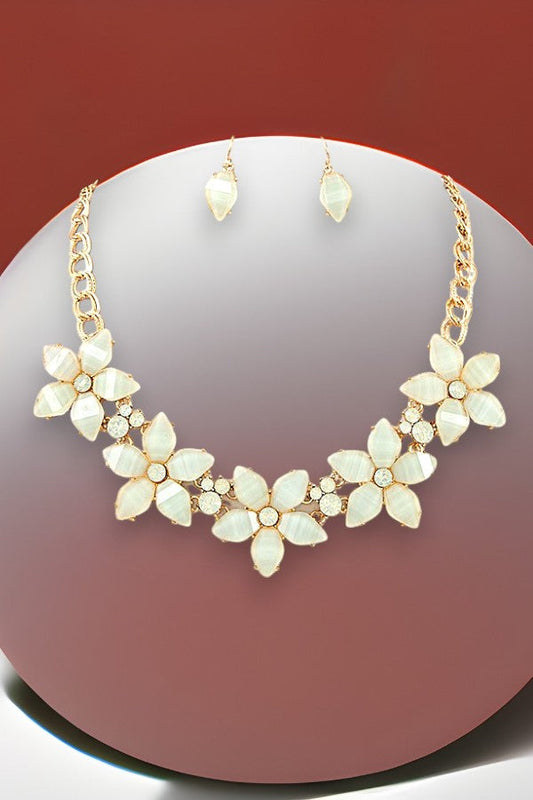 FLORAL CRYSTAL GEMSTONE LINK NECKLACE AND MATCHING EARRING SET