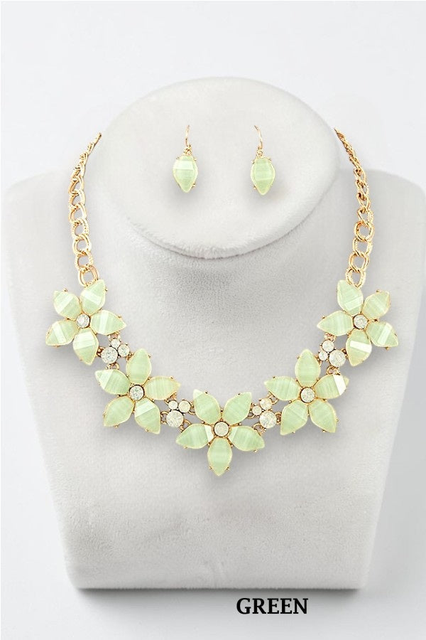 FLORAL CRYSTAL GEMSTONE LINK NECKLACE AND MATCHING EARRING SET
