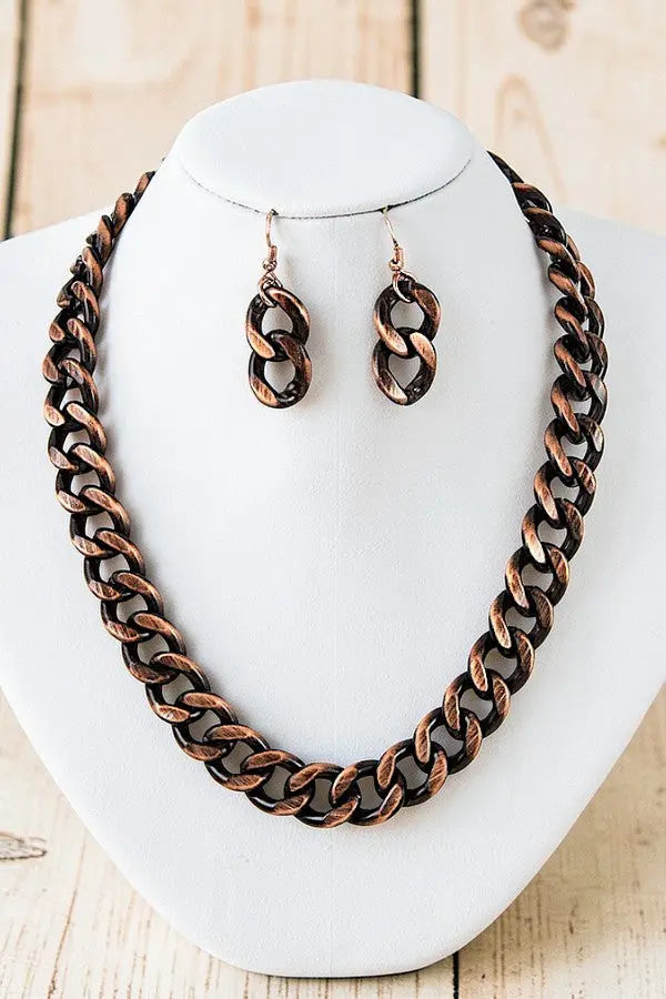 FLAT EDGE CHAIN STATEMENT NECKLACE AND CHAIN LINK DANGLE EARRING SET - SweetShine c.o.c. 