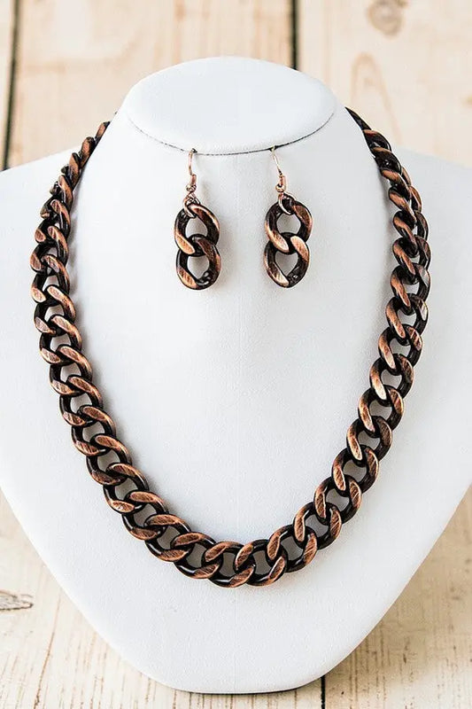 FLAT EDGE CHAIN STATEMENT NECKLACE AND CHAIN LINK DANGLE EARRING SET - SweetShine c.o.c. 