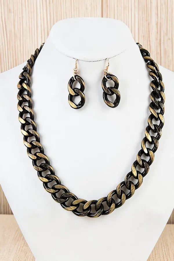 FLAT EDGE CHAIN STATEMENT NECKLACE AND CHAIN LINK DANGLE EARRING SET - SweetShine c.o.c. 