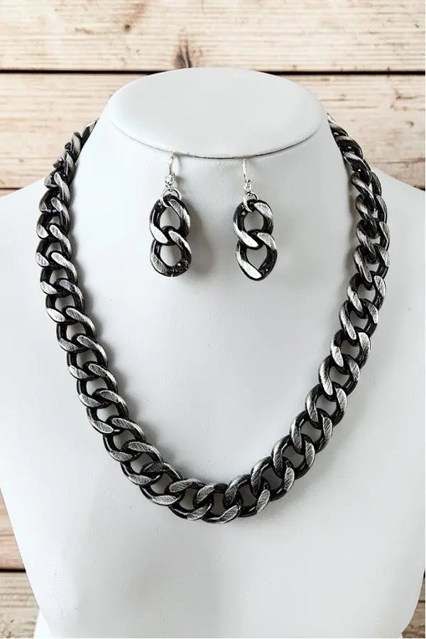 FLAT EDGE CHAIN STATEMENT NECKLACE AND CHAIN LINK DANGLE EARRING SET - SweetShine c.o.c. 