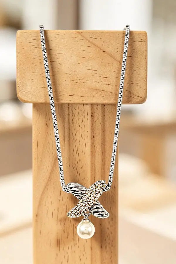 X TWO TONE PENDANT NECKLACE AND MATCHING POST EARRING SET AB-SS