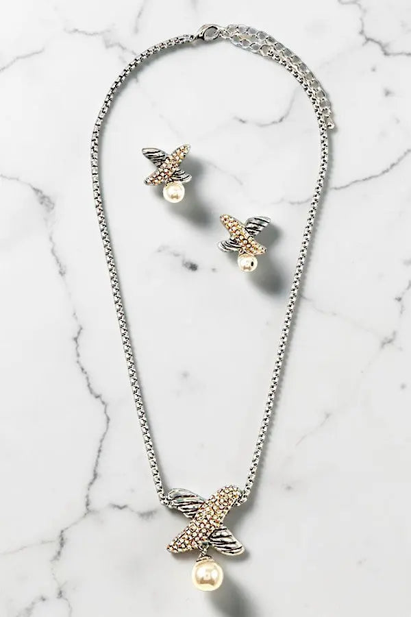 X TWO TONE PENDANT NECKLACE AND MATCHING POST EARRING SET AB-SS