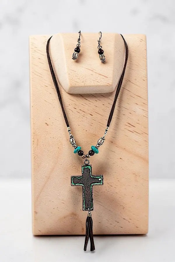 HAMMERED CROSS ACCENT FAUX SUEDE TASSEL CORD NECKLACE AND BEAD DANGLE EARRING SET - SweetShine c.o.c. 