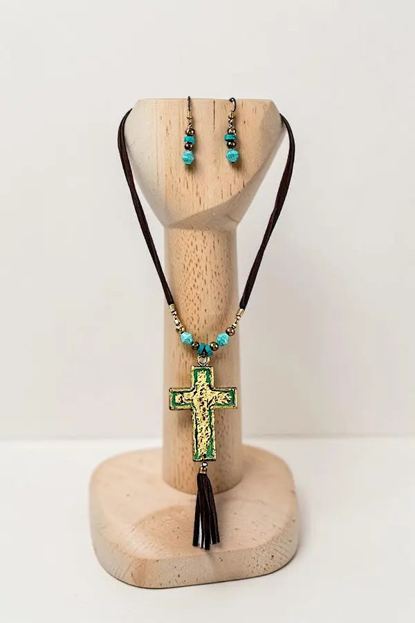 HAMMERED CROSS ACCENT FAUX SUEDE TASSEL CORD NECKLACE AND BEAD DANGLE EARRING SET - SweetShine c.o.c. 