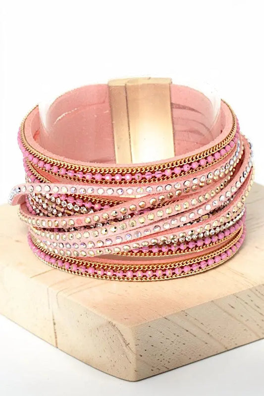 MULTI ROW CHAIN STUD ACCENT PINK STRAPS BRACELET - SweetShine c.o.c. 