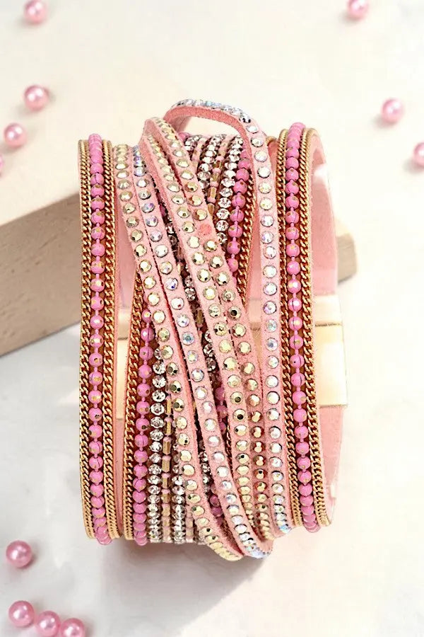 MULTI ROW CHAIN STUD ACCENT PINK STRAPS BRACELET - SweetShine c.o.c. 