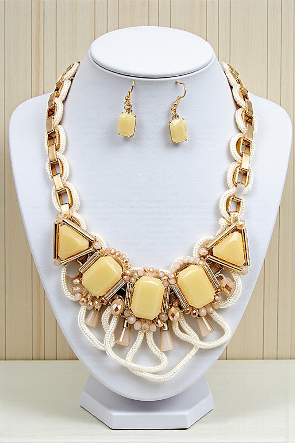 FACETED STONES ROPE AND CHAIN LINKED BIB NECKLACE AND GEM DANGLE EARRING SET