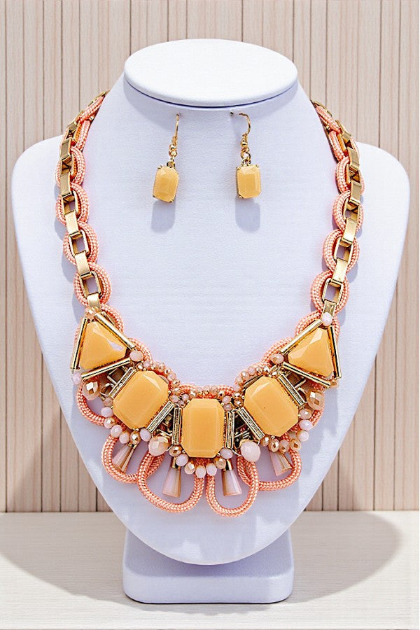 FACETED STONES ROPE AND CHAIN LINKED BIB NECKLACE AND GEM DANGLE EARRING SET