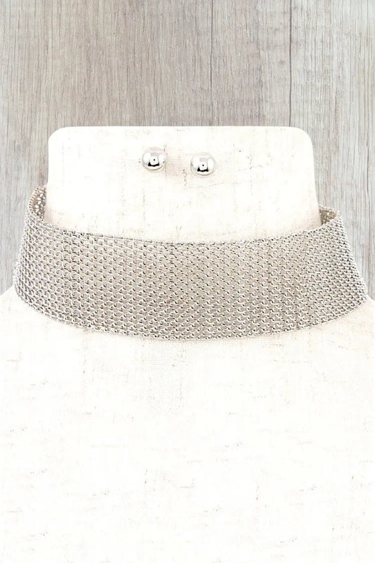 WIDE METAL MESH CHAIN CHOKER NECKLACE AND BALL POST EARRING SET - SweetShine c.o.c. 