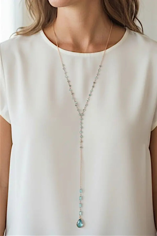 FACETED GLASS BEAD TEARDROP CRYSTAL PENDANT Y NECKLACE AB-SS
